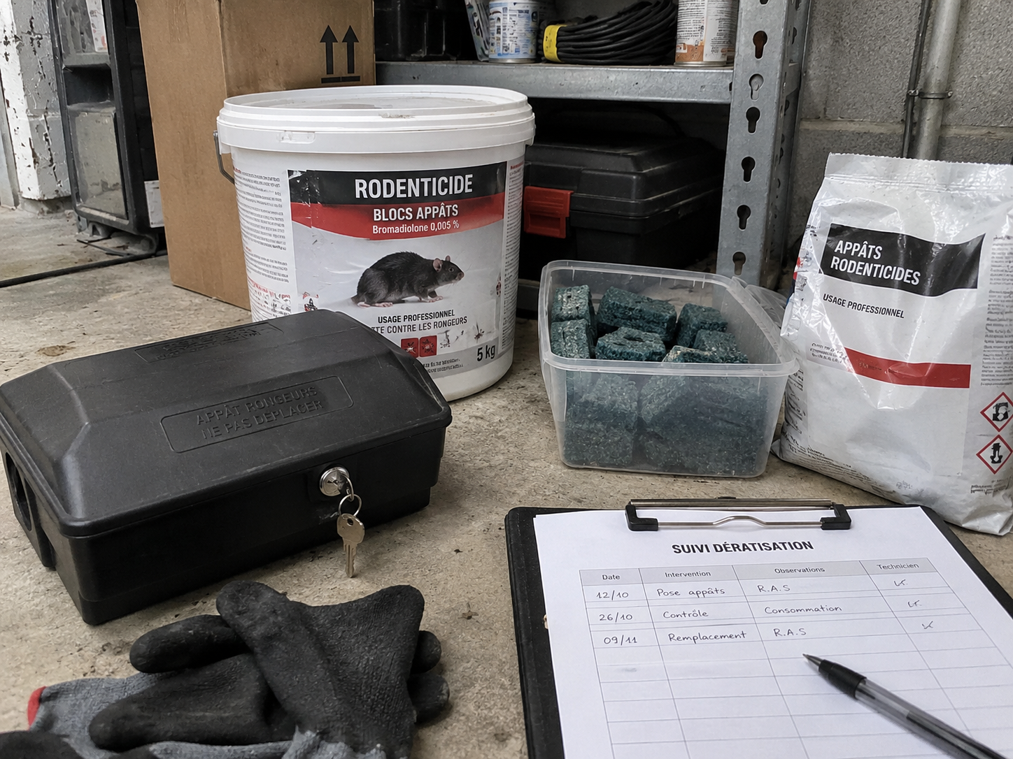 Produits rodenticides professionnels, poste sécurisé et fiche de suivi de dératisation