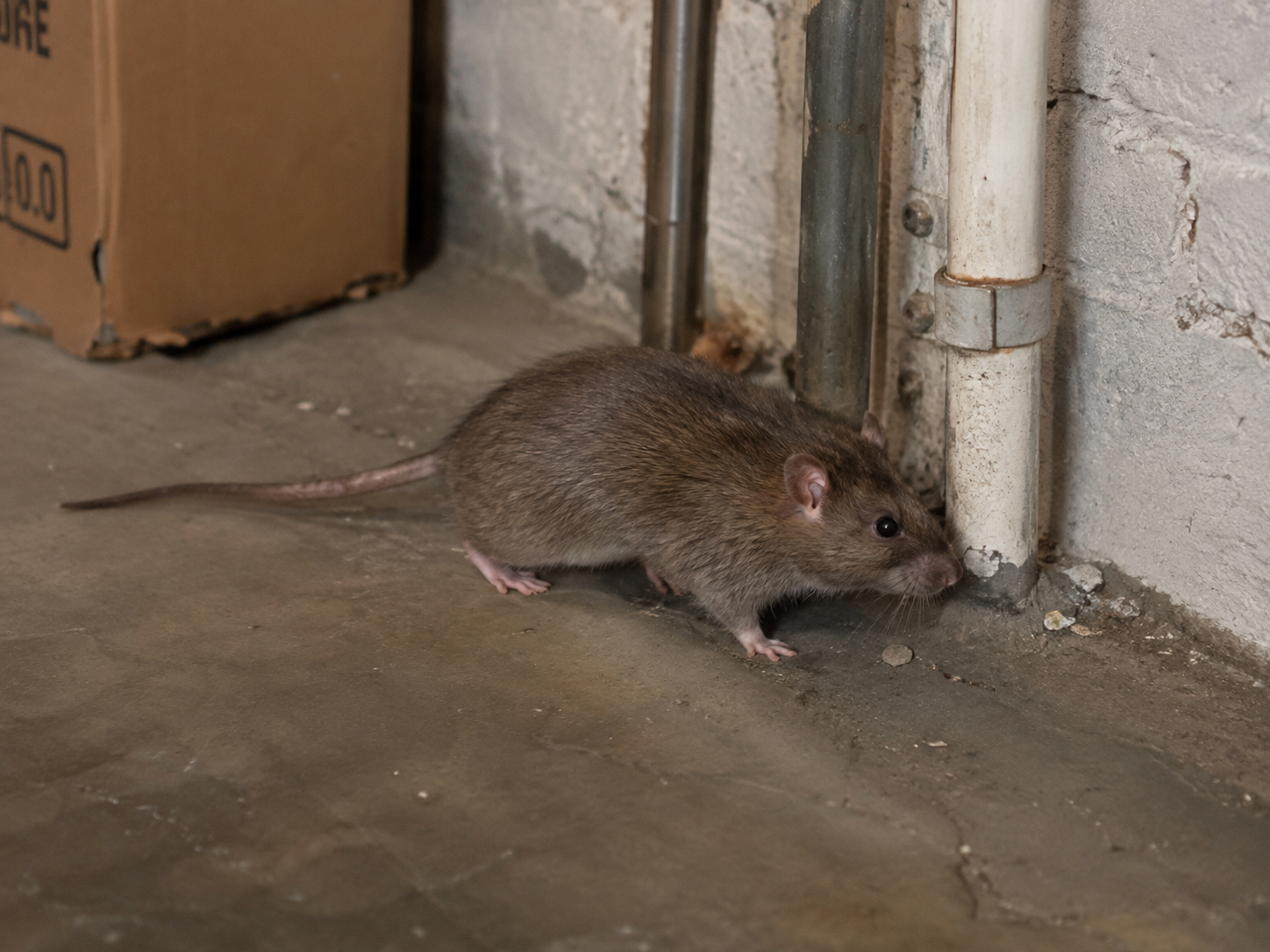 Rat brun se déplaçant le long de canalisations dans un local