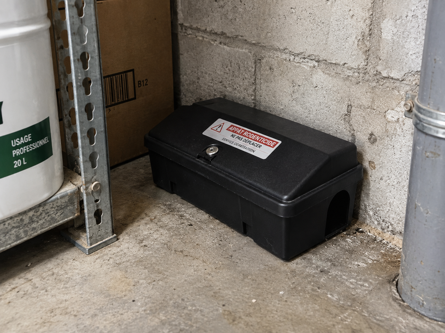 Piège et poste d'appâtage sécurisé installé dans un local professionnel