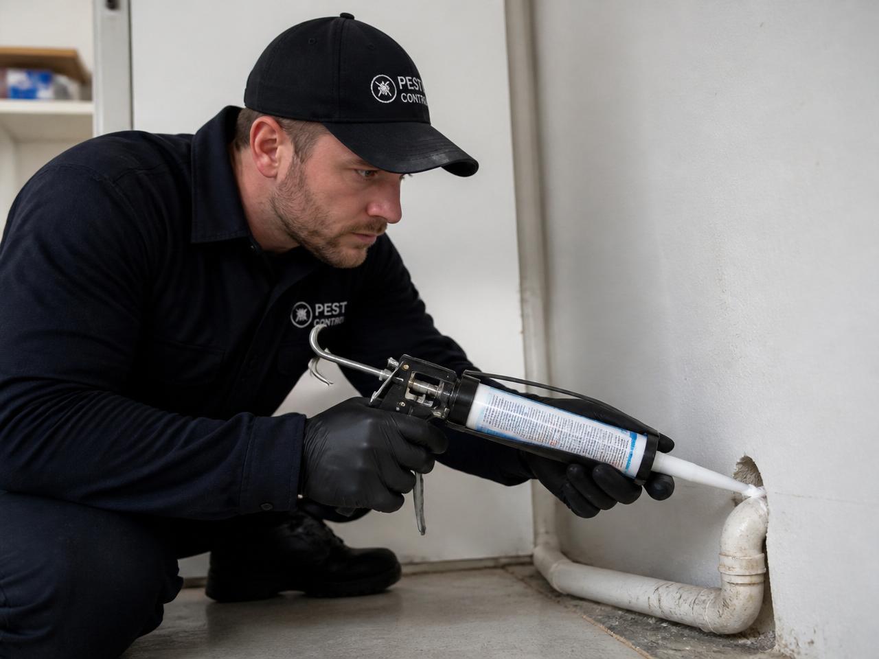 Technicien Paris 3D bouchant un point d'entrée au pistolet à mastic