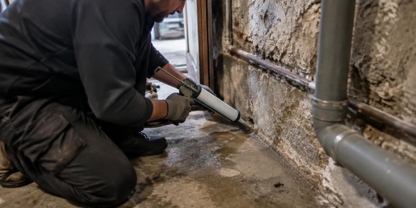 Technicien colmatant un point d'entrée de rongeurs dans une cave